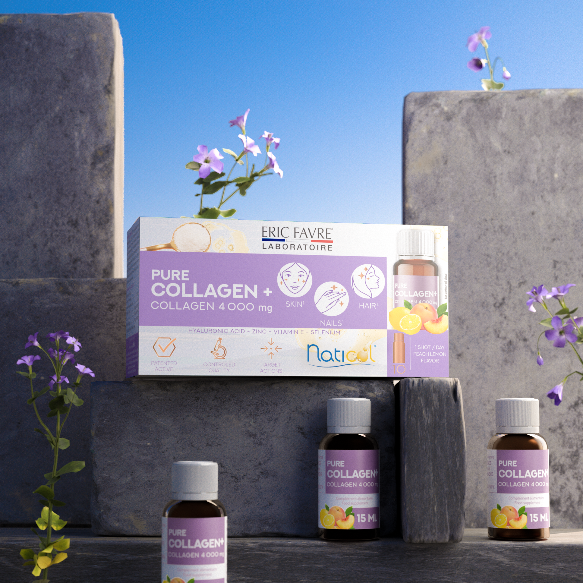 ERIC FAVRE Pure Collagen+ Liquid Collagen for Women – 4000mg Marine Peptides for Radiant Skin, Hair & Nail Health – Hyaluronic Acid, Vitamin E – 10 Shots, Peach Lemon Flavor