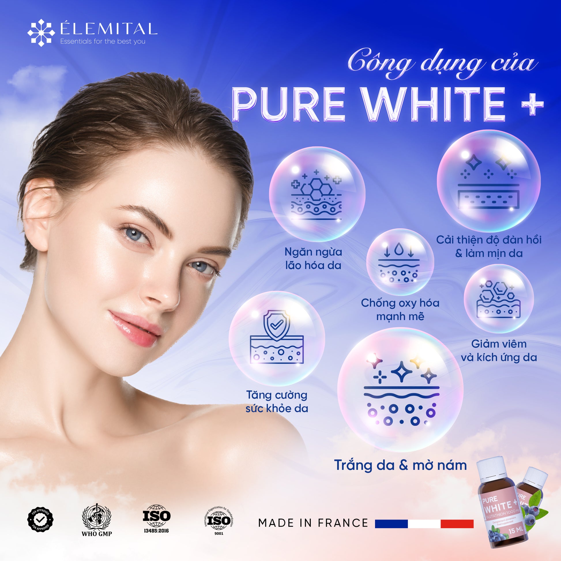 ERIC FAVRE Liposomal Glutathione Liquid with Vitamin C & Zinc – Pure White+ Monodose Supports Skin Radiance, Cellular Antioxidant & Immune Health – 15ml Drink