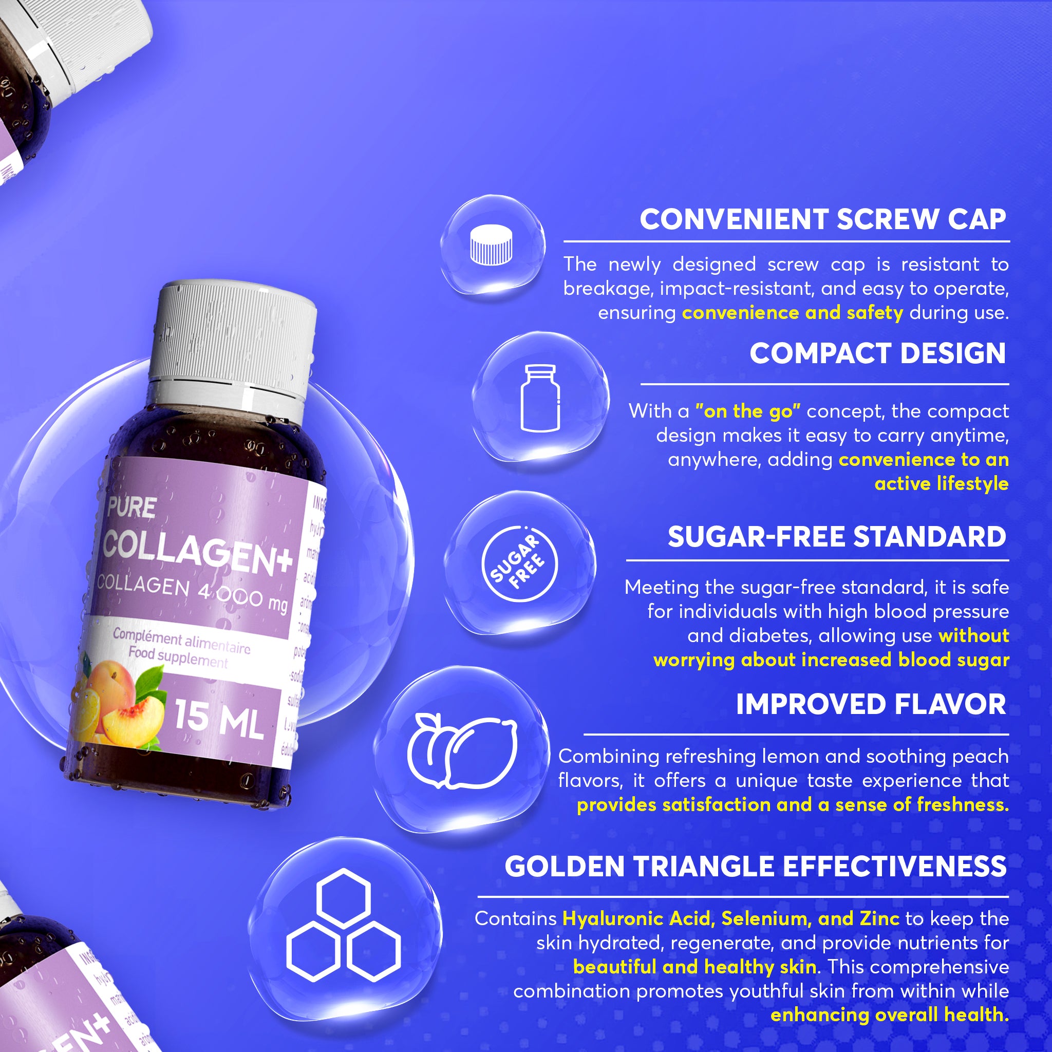 ERIC FAVRE Pure Collagen+ Liquid Collagen for Women – 4000mg Marine Peptides for Radiant Skin, Hair & Nail Health – Hyaluronic Acid, Vitamin E – 10 Shots, Peach Lemon Flavor