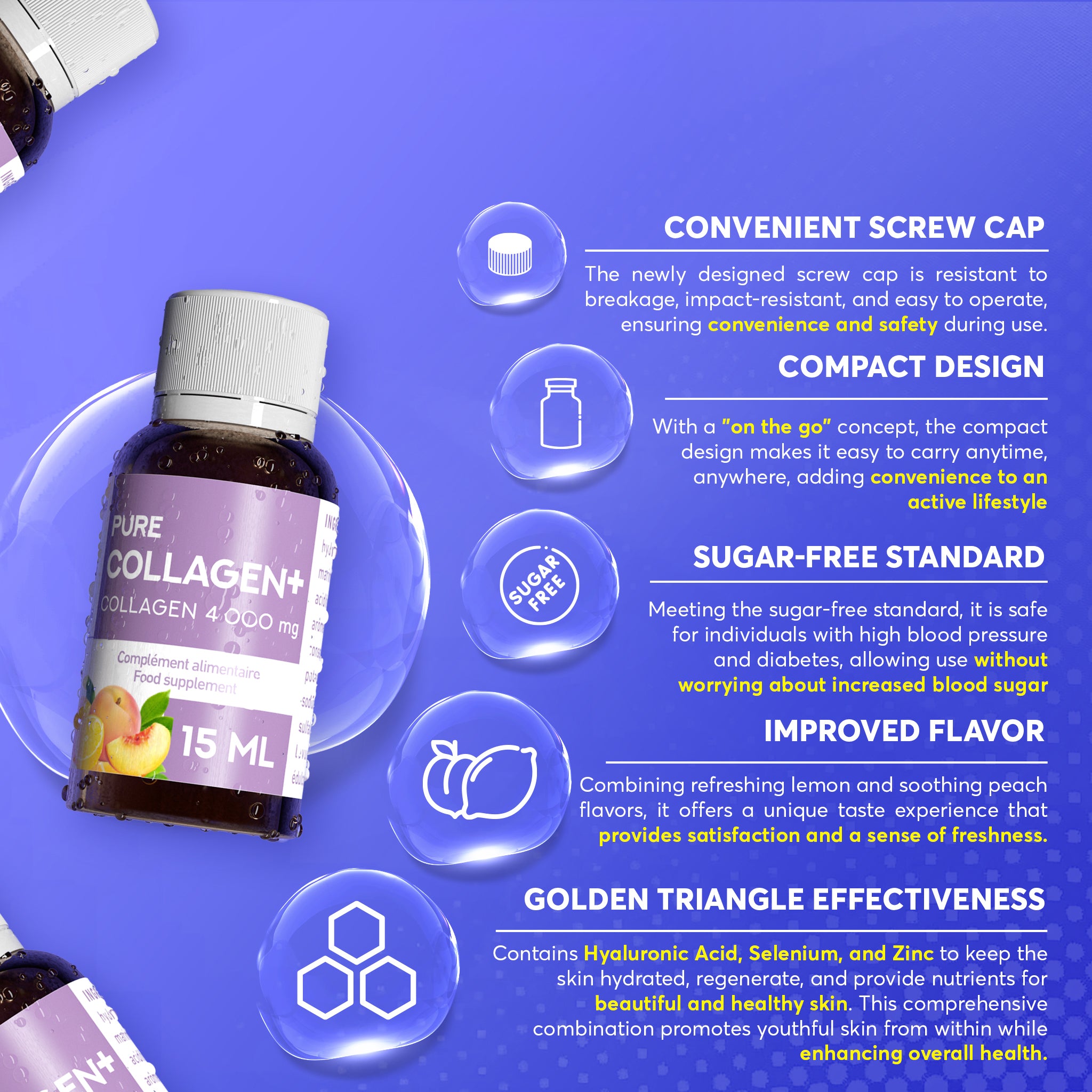 ERIC FAVRE Pure Collagen+ Liquid Collagen for Women – 4000mg Marine Peptides for Radiant Skin, Hair & Nail Health – Hyaluronic Acid, Vitamin E – 10 Shots, Peach Lemon Flavor