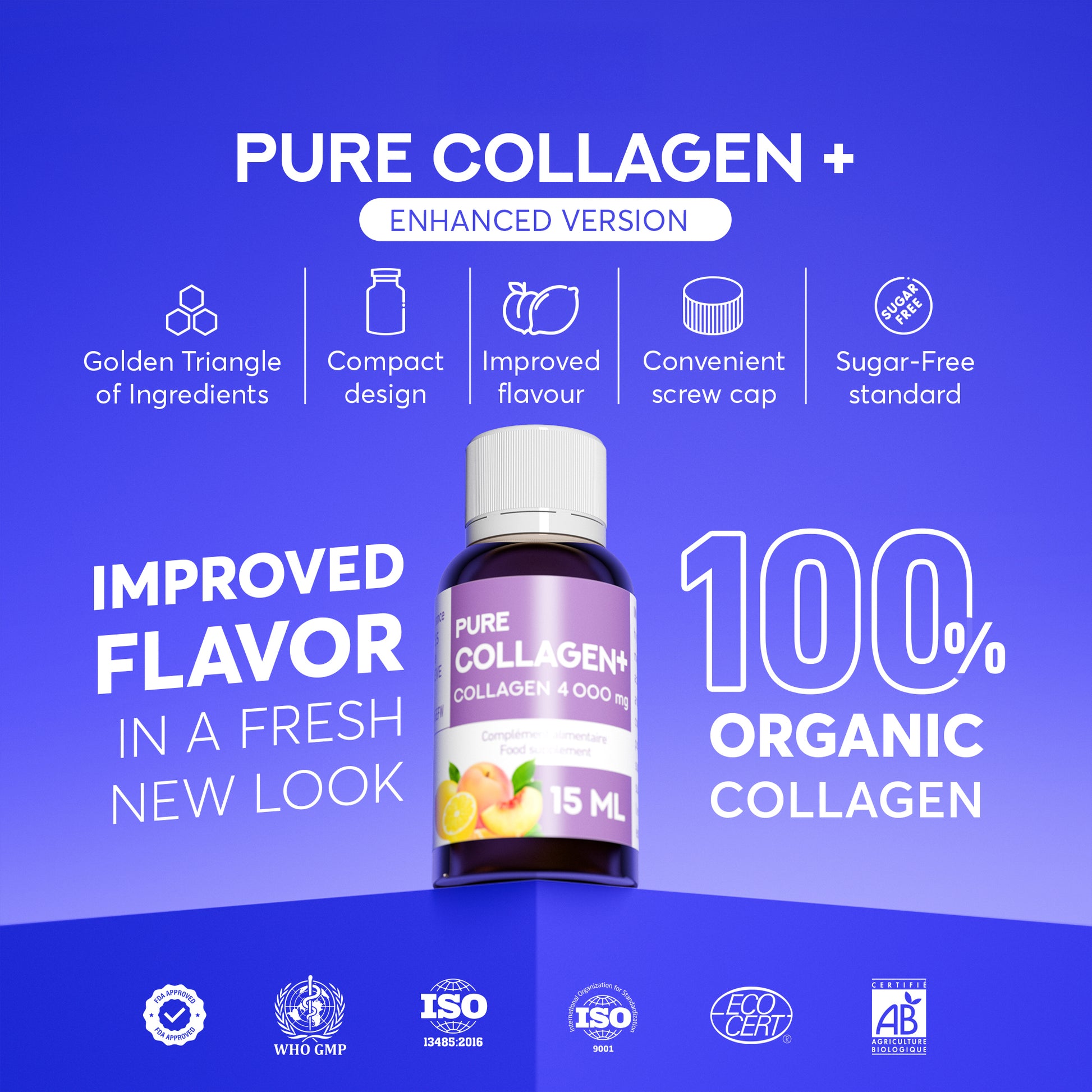 ERIC FAVRE Pure Collagen+ Liquid Collagen for Women – 4000mg Marine Peptides for Radiant Skin, Hair & Nail Health – Hyaluronic Acid, Vitamin E – 10 Shots, Peach Lemon Flavor